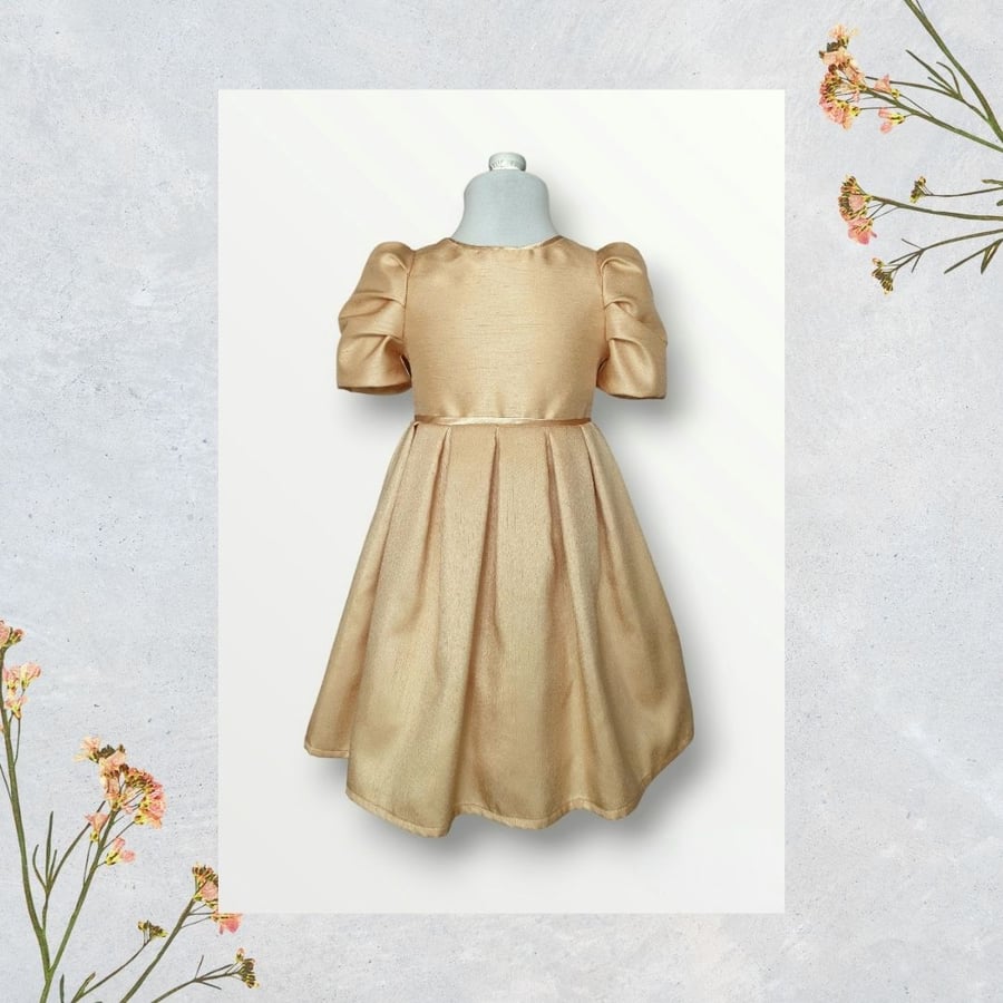 Silk Gold Dupion Silk Dress With Pleats In Waist And Sleeves. Age 4-5yrs