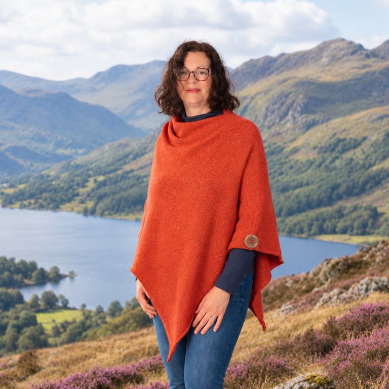 Orange Shetland Wool Poncho, Women's Handmade Knitted Poncho, Winter Wrap