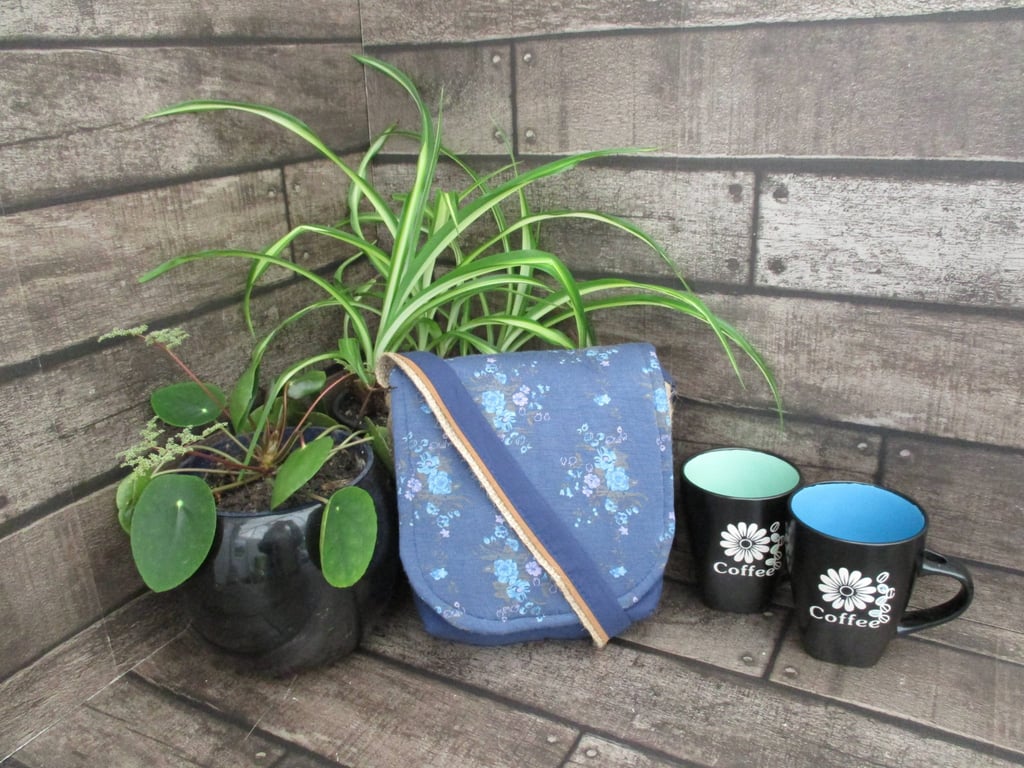 Upcycled Coffee Sack-Mini Shoulder Bag-Blue floral fabric