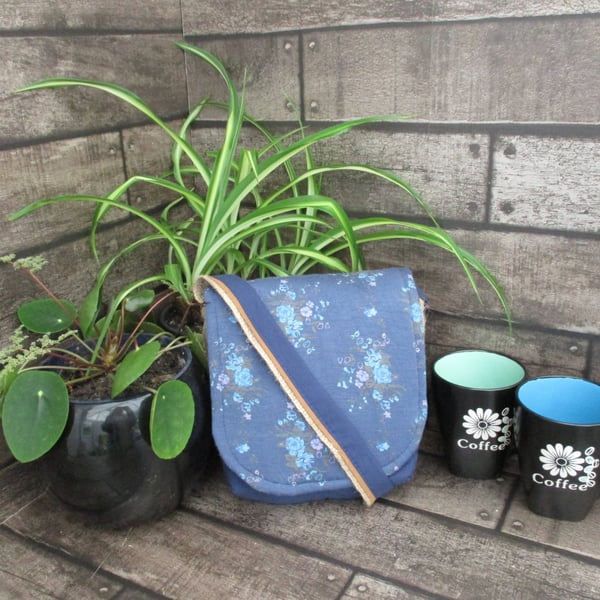 Upcycled Coffee Sack-Mini Shoulder Bag-Blue floral fabric