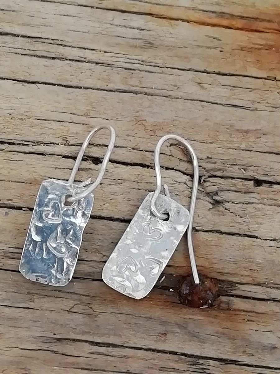 Silver Earrings with Hammered Heart Texture
