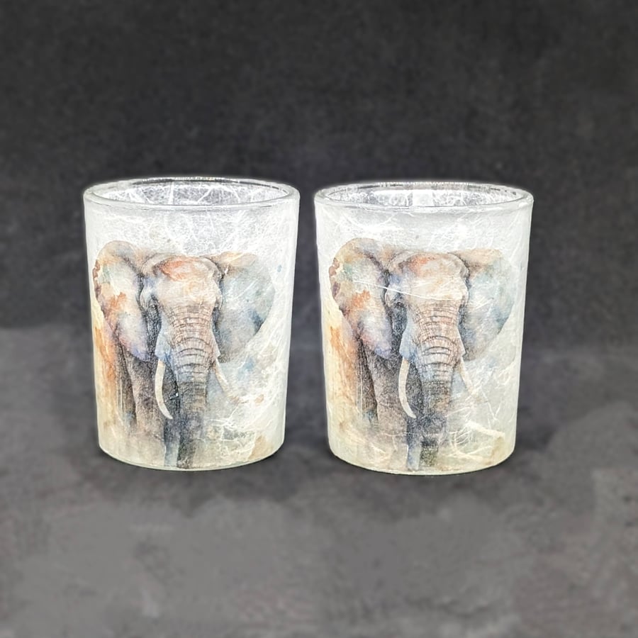 Decoupage, set of two tealight holders decorated with images of an Elephant