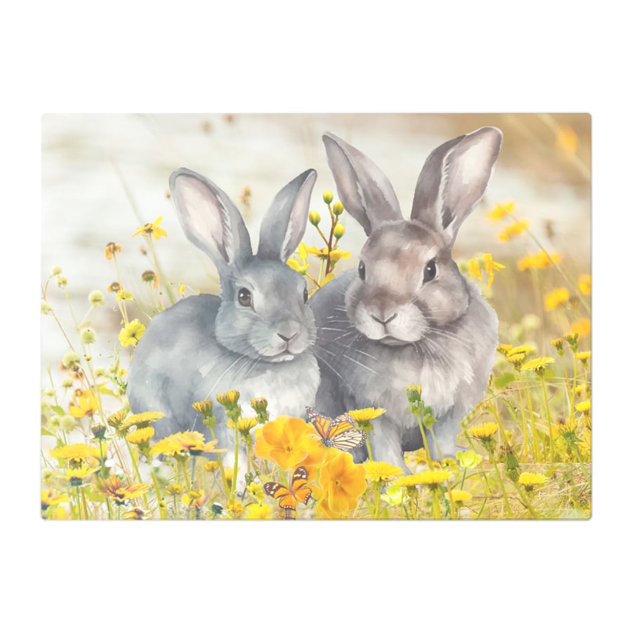 Cute Bunnies & Butterflies Amid Yellow Flowers Glass Chopping Board