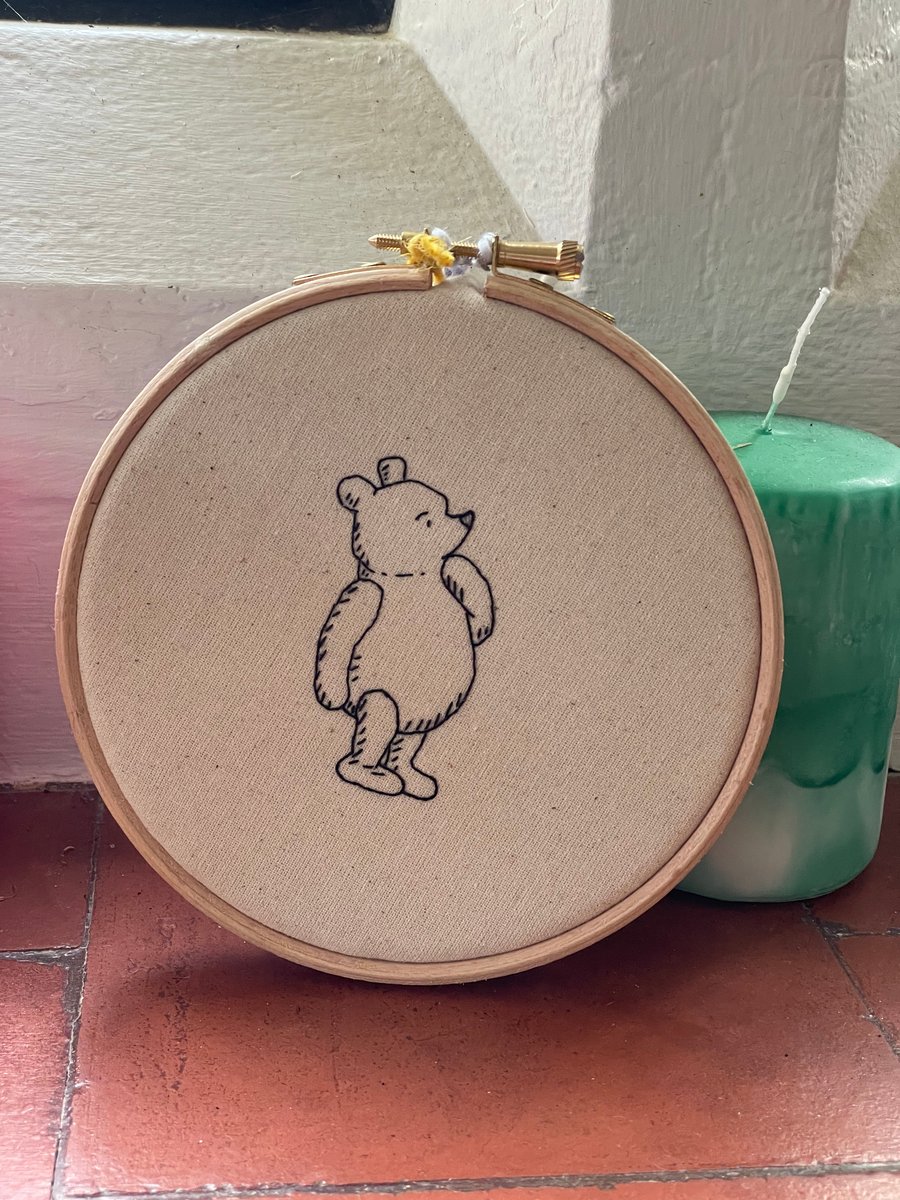 Pooh Bear modern hand embroidery wall hanging. Made to order
