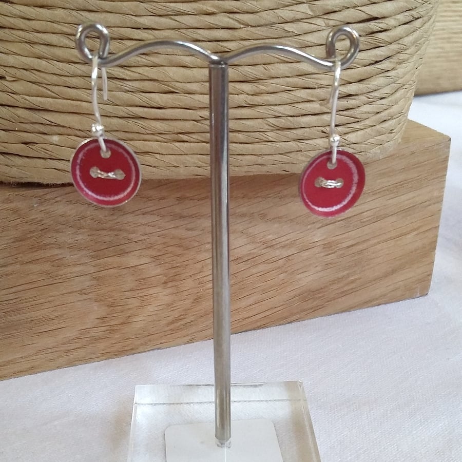 Red Button Handmade Aluminium Dangle Earrings