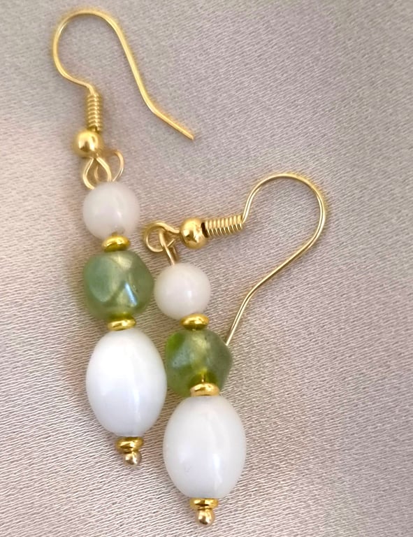 Pale green faceted stone and milky white teardrop earrings 