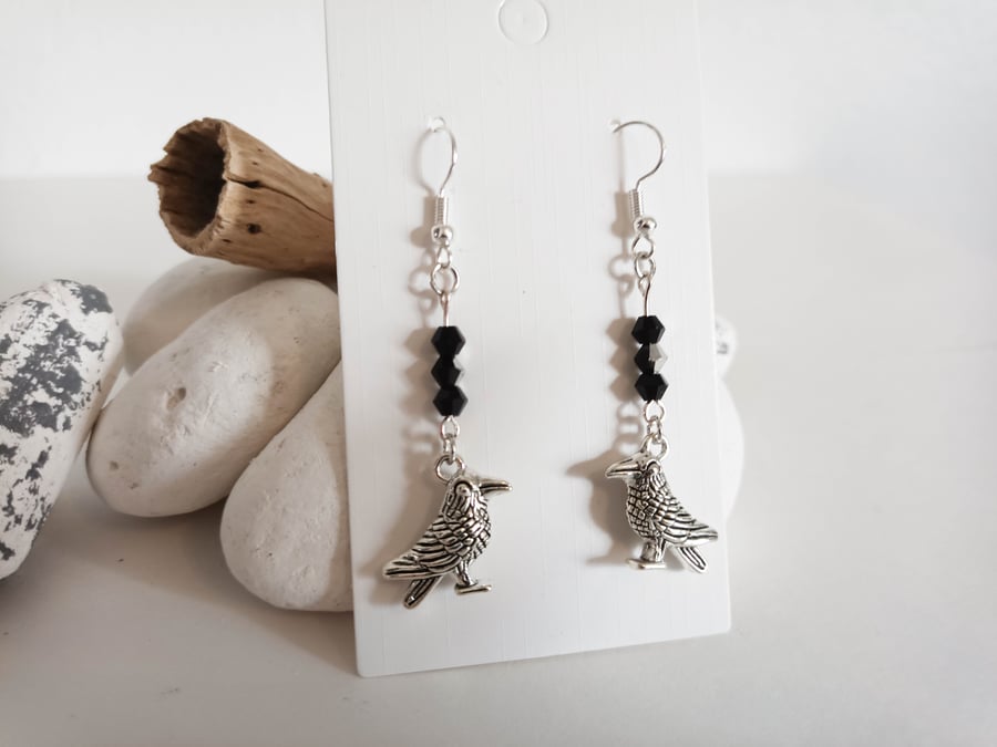 Antique Silver Crow Earrings, Gothic, Halloween Earrings