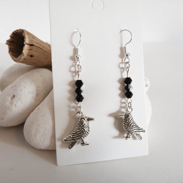 Antique Silver Crow Earrings, Gothic, Halloween Earrings