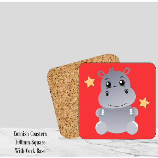 Red Happy Hippo Coaster 4" Square With Cork Base
