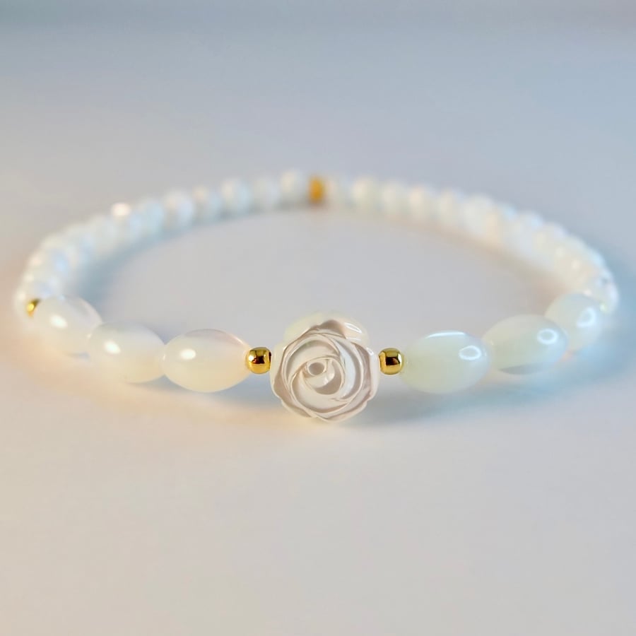 Mother Of Pearl Rose Bracelet - Handmade Gift, Wedding, Bridesmaid, Anniversary