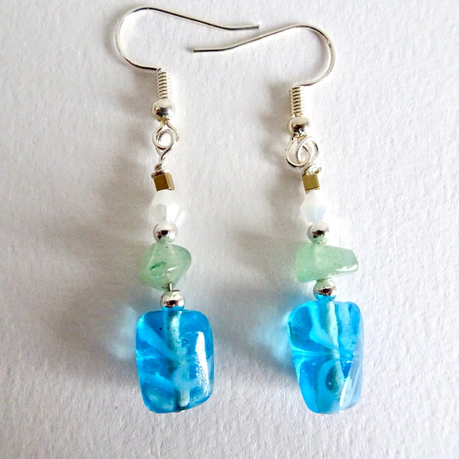Aquamarine light green white glass and gold dangle drop earrings 