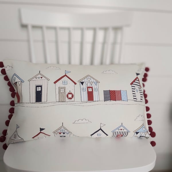 Beach Huts  Cushion With Red Pom Poms
