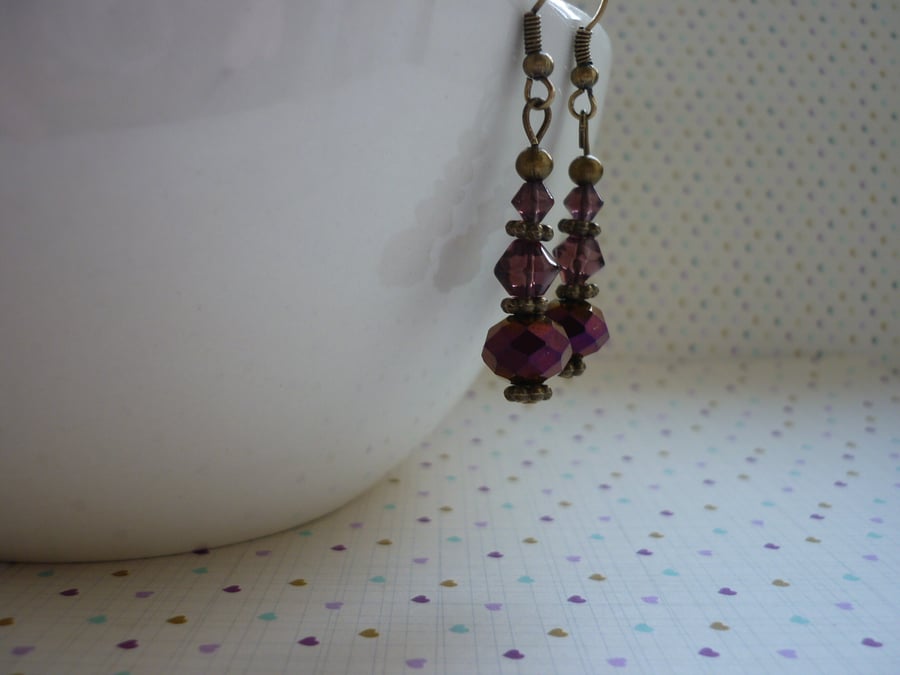 PURPLE IRIS & ANTIQUE BRONZE DANGLE EARRINGS.  1036