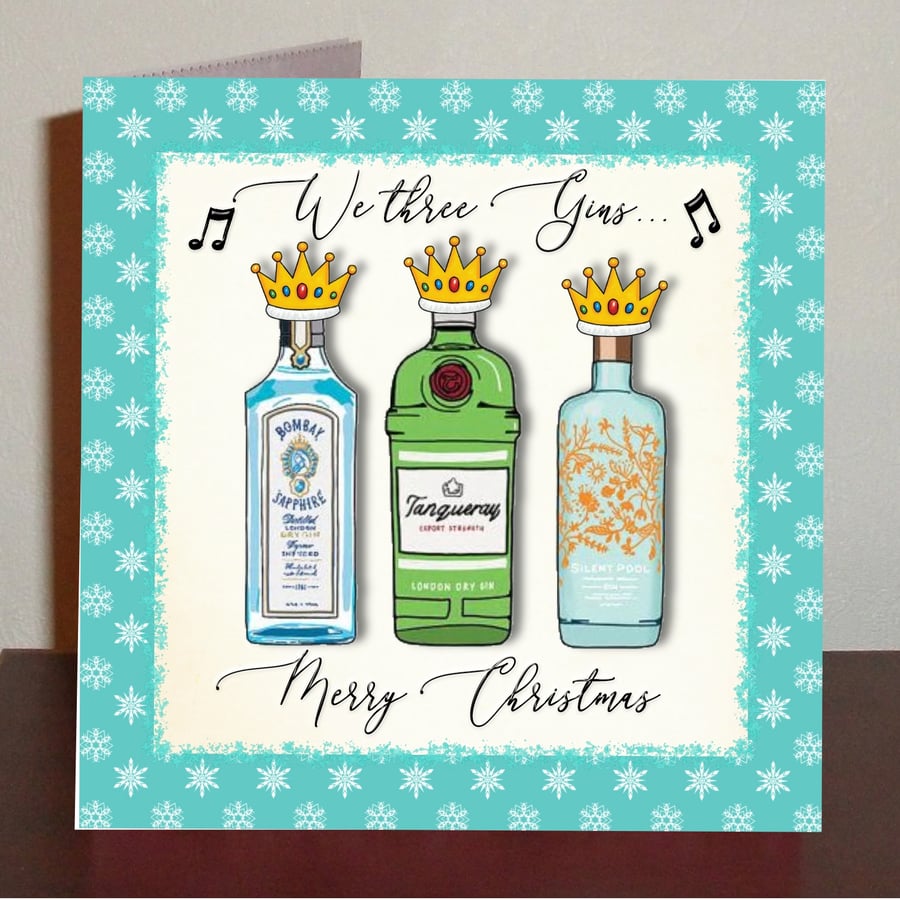 Gin themed Christmas card We three gins