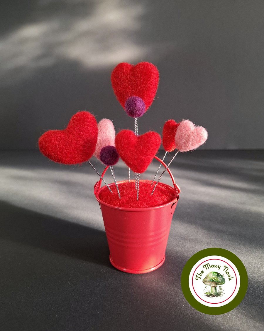 Valentine Hearts in a Tiny Metal Bucket. Needle Felted Love Hearts. Handmade.