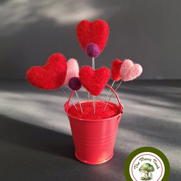 Valentine Hearts in a Tiny Metal Bucket. Needle Felted Love Hearts. Handmade.