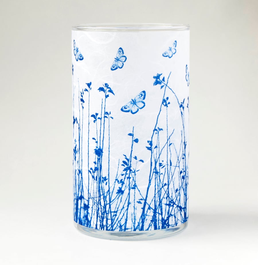 Blue Butterfly Meadow Medium Blue and White Cylinder Vase 