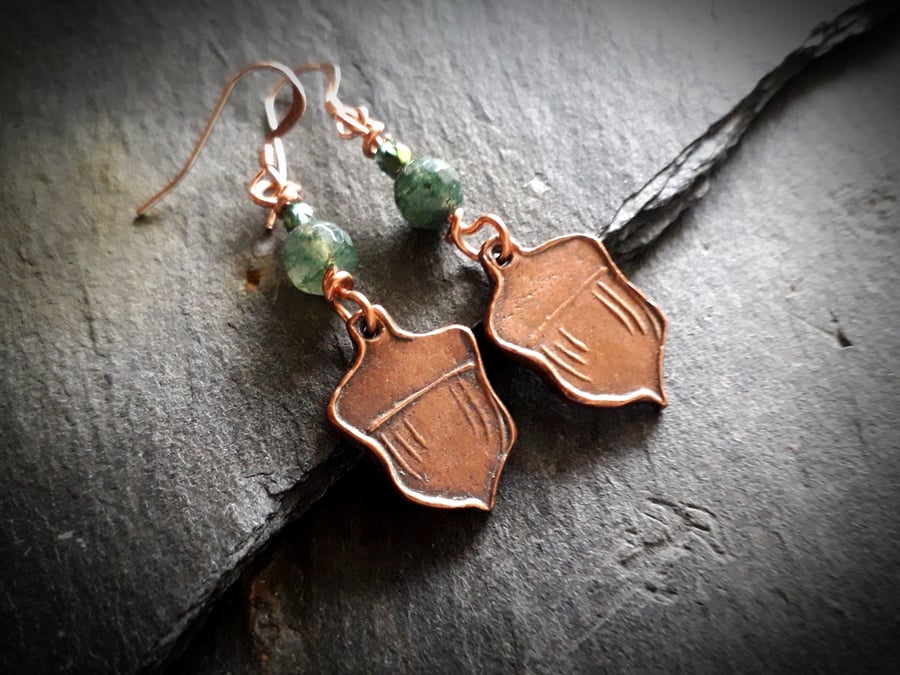 Little Acorns - copper earrings with moss agate