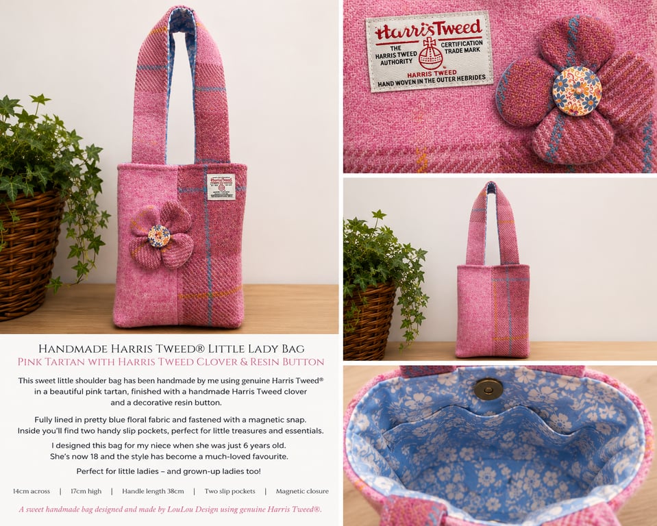 Handmade Harris Tweed® Little Lady Bag – Pink Tartan with Harris Tweed Flower