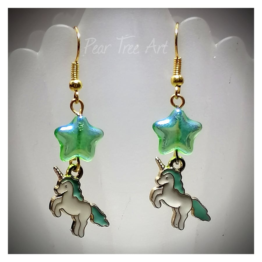 Pastel Green Unicorn Earrings with Star Beads