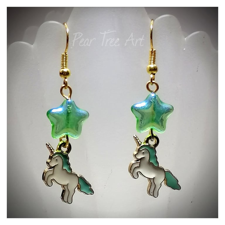 Pastel Green Unicorn Earrings with Star Beads