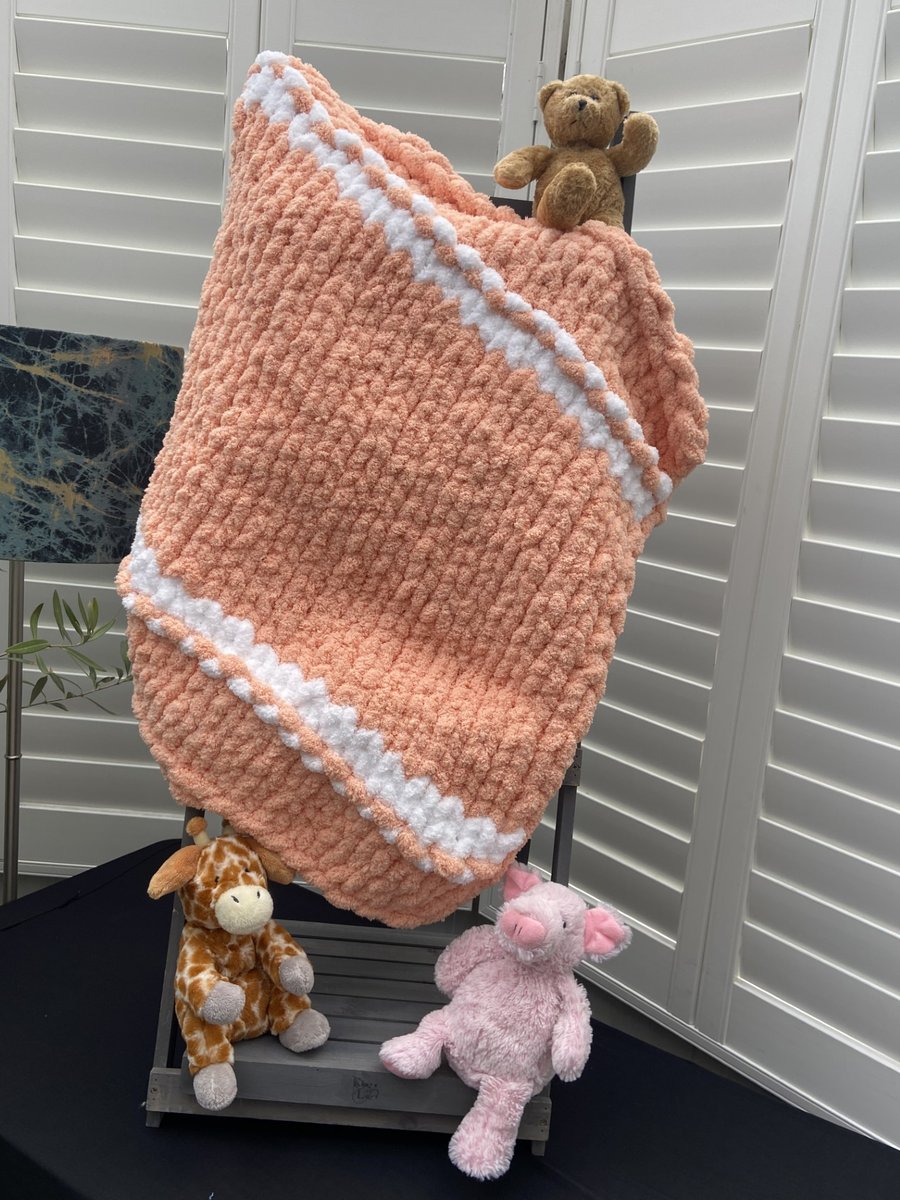 Super Soft Chunky Knitted Baby Blanket (Colour:Harlequin Stripe Apricot Crumble)