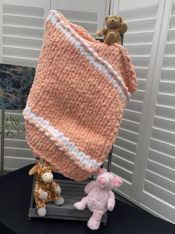 Chunky Knitted Baby Blanket (Colour:Harlequin Stripe Apricot Crumble) INC P&P