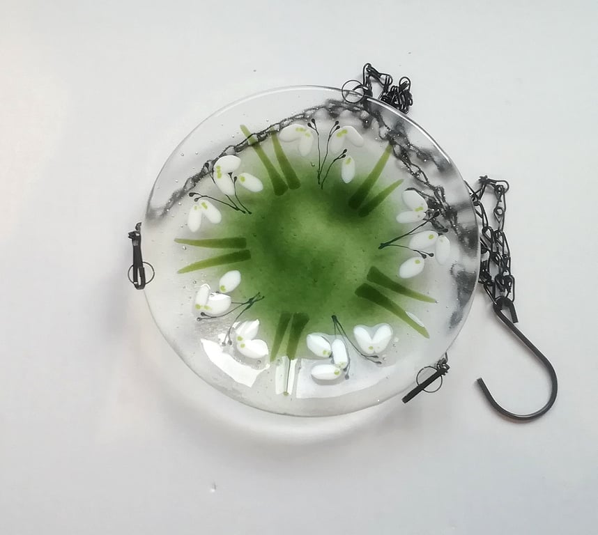 Fused Glass Hanging Bird Bath Feeder: Snowdrop Garden Decor