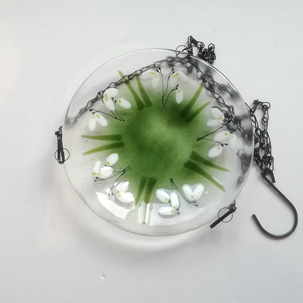 Fused Glass Hanging Bird Bath Feeder: Snowdrop Garden Decor