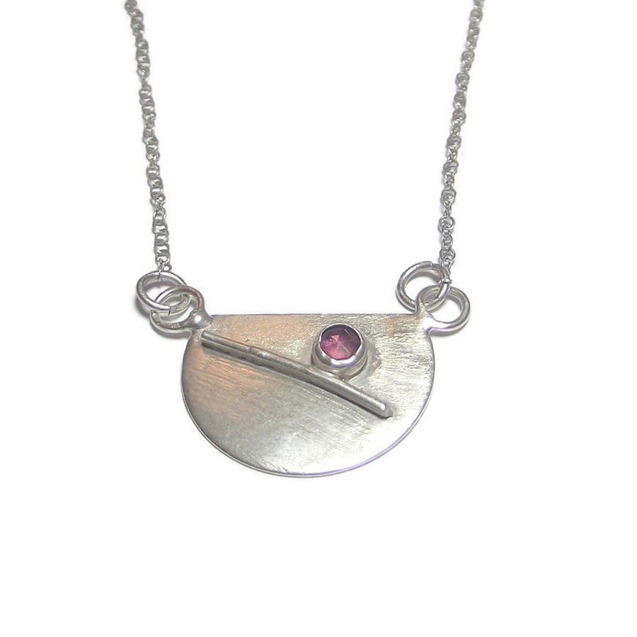 Semi Circle Sterling Silver Garnet Handmade Pendant, Unique Artisan Jewellery