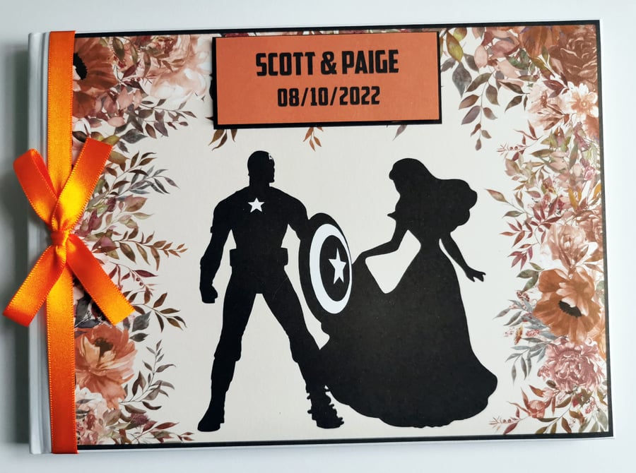 Captain America wedding guest book, orange superheroes wedding guest book