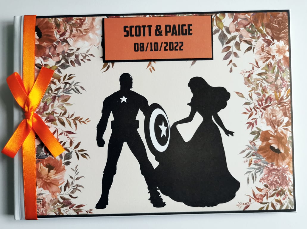 Captain America wedding guest book, orange superheroes wedding guest book