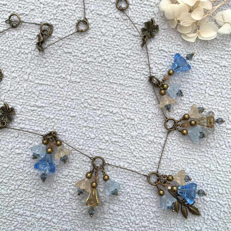 Art Nouveau Czech Glass Vintage Style Blue and White Floral Necklace Set
