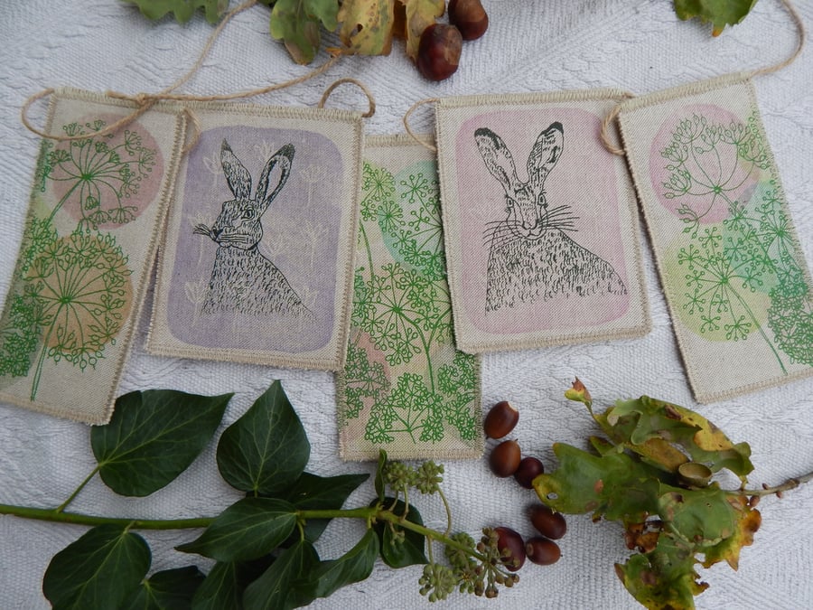 Hare and Cow Parsley 75cm - Screen printed Bunting