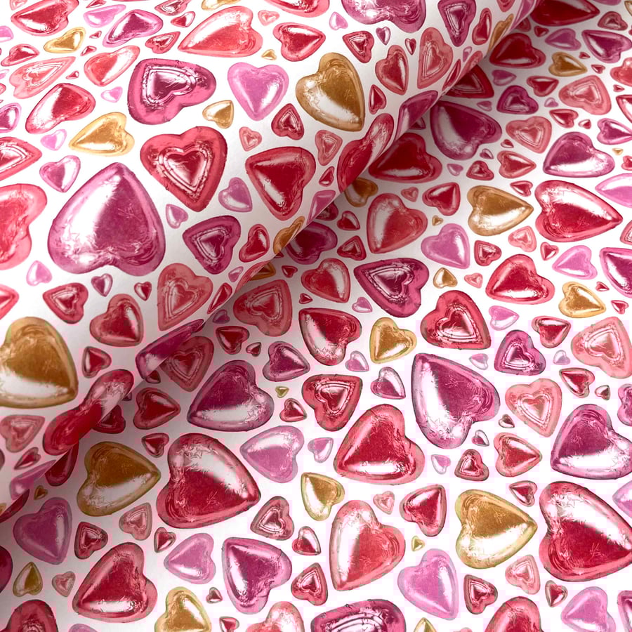 Romantic Gift Wrap & Matching Tag – Foil-Wrapped Chocolate Hearts Design