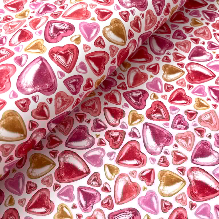 Romantic Gift Wrap & Matching Tag – Foil-Wrapped Chocolate Hearts Design
