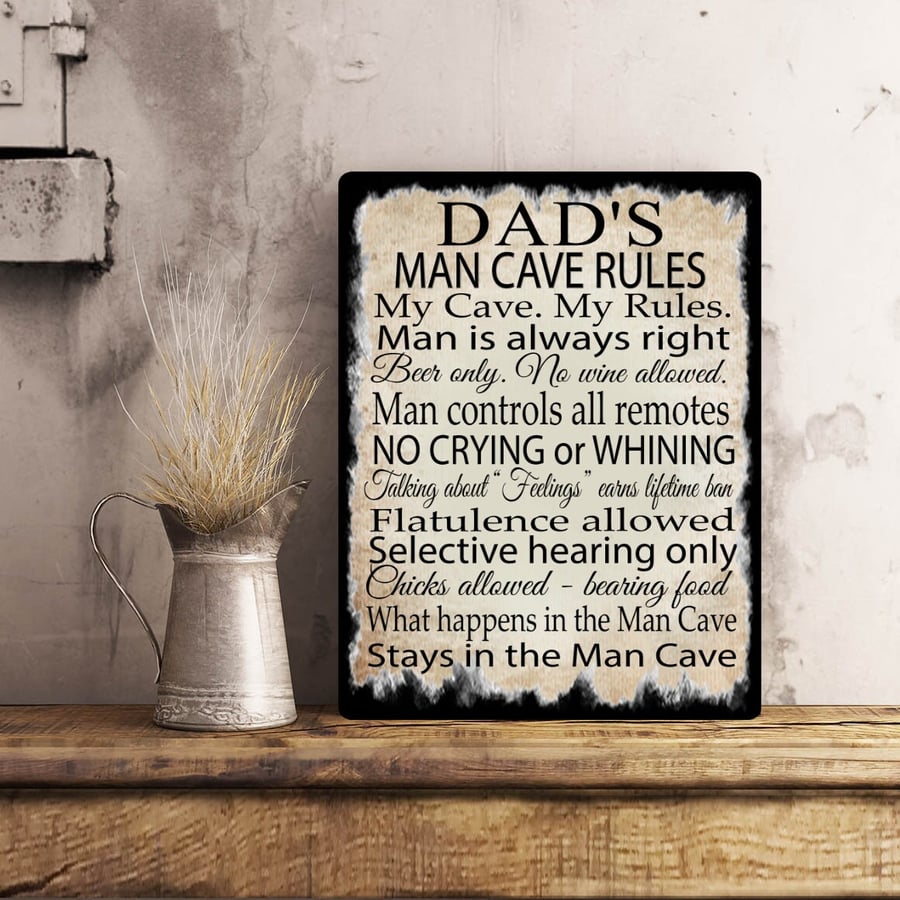 PERSONALISED Man Cave Rules Metal Wall Sign Gift Present Dad Uncle Grandad