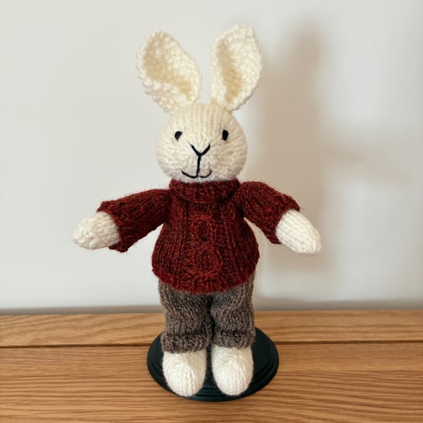 Small Hand Knitted Rabbit in Rust Sweater and Trousers 