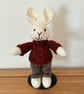 Small Hand Knitted Rabbit in Rust Sweater and Trousers 