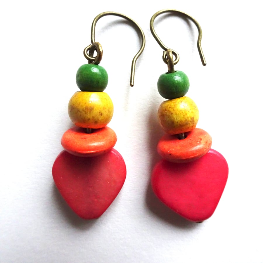 Citrus summer time red heart shape, orange, yellow and green wood bead earrings