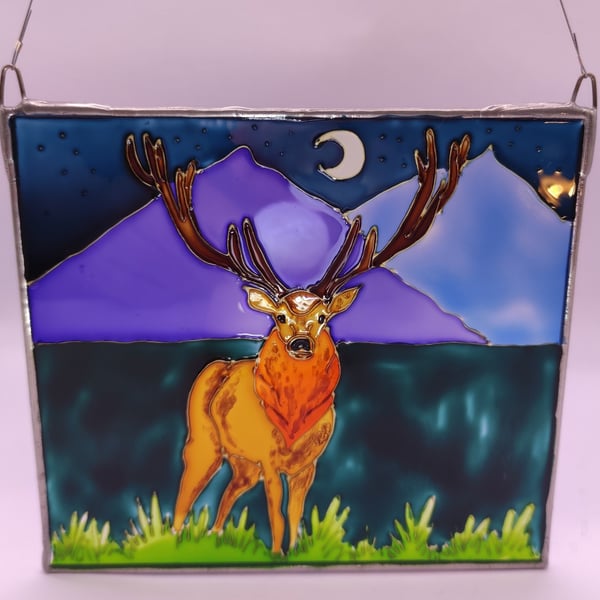 Handmade glass painted window hanging, Highland Stag