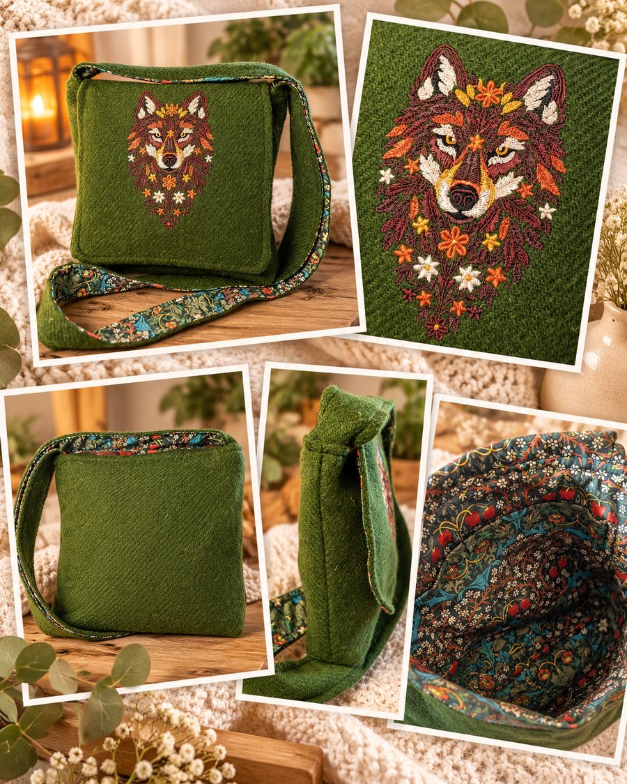 Harris tweed crossbody bag with wolf