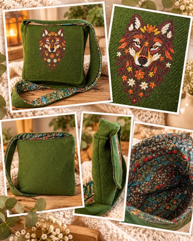 Harris tweed crossbody bag with wolf