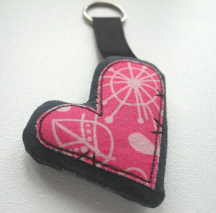 applique embroidered heart keyring key fob hanging decoration PINK PRINT