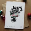 Cat in a Hat - lino cut print Christmas card