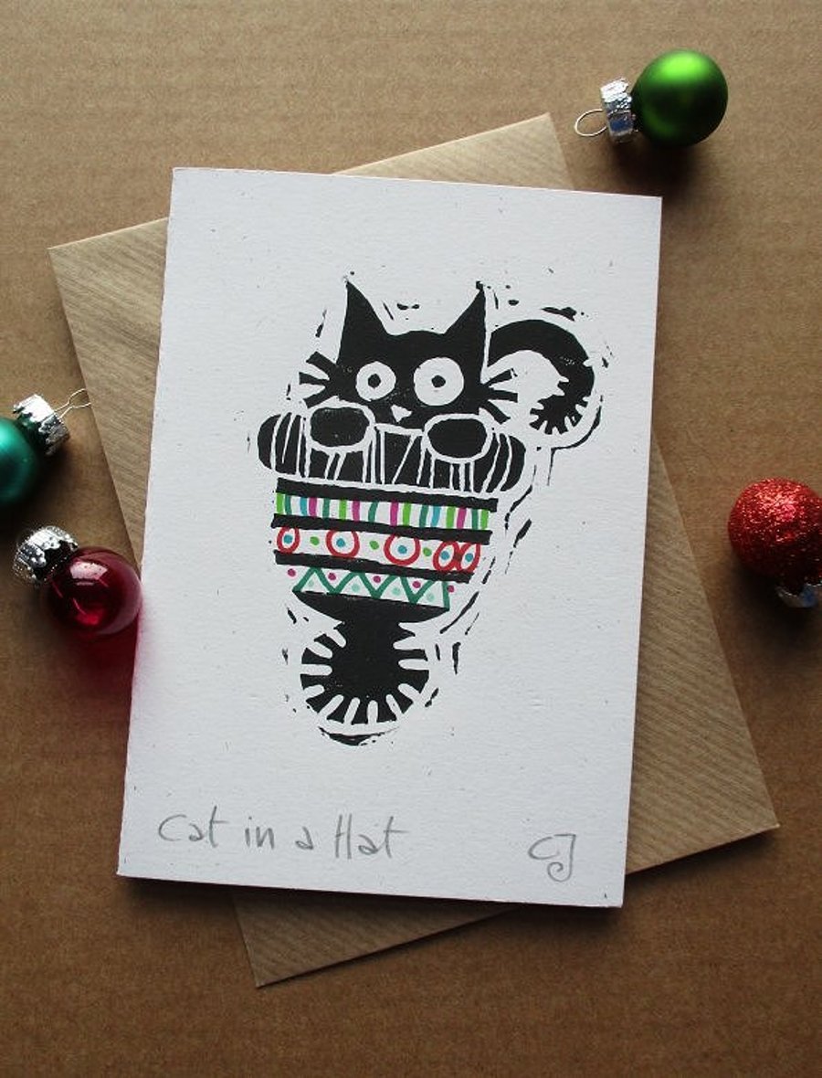 Cat in a Hat - lino cut print Christmas card
