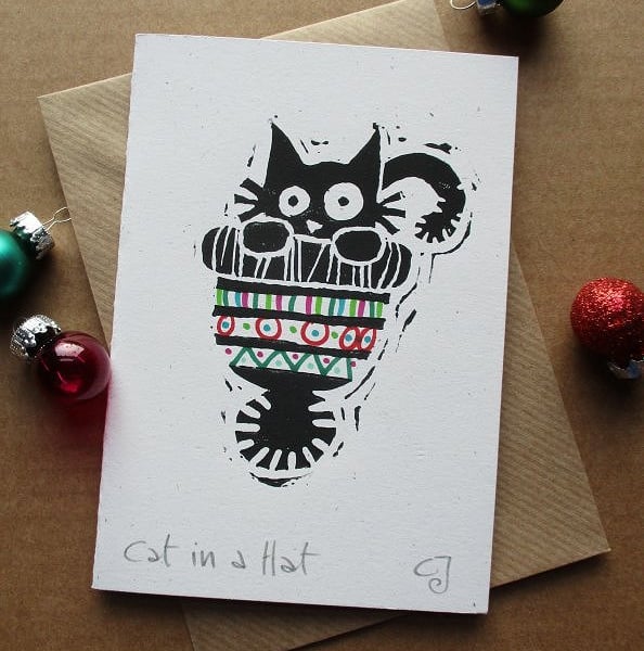 Cat in a Hat - lino cut print Christmas card