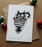 Cat in a Hat - lino cut print Christmas card