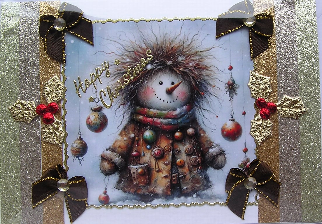 Hand Crafted Decoupage Chistmas Card - Happy Christmas (3367) Rustic Snowman