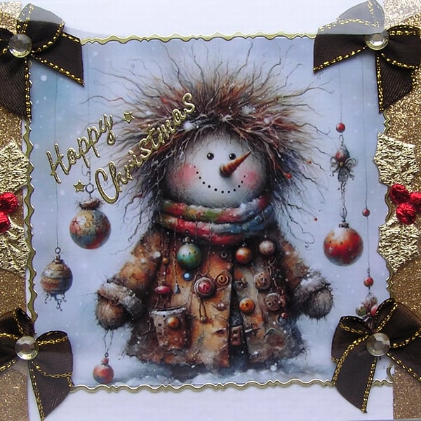 Hand Crafted Decoupage Chistmas Card - Happy Christmas (3367) Rustic Snowman
